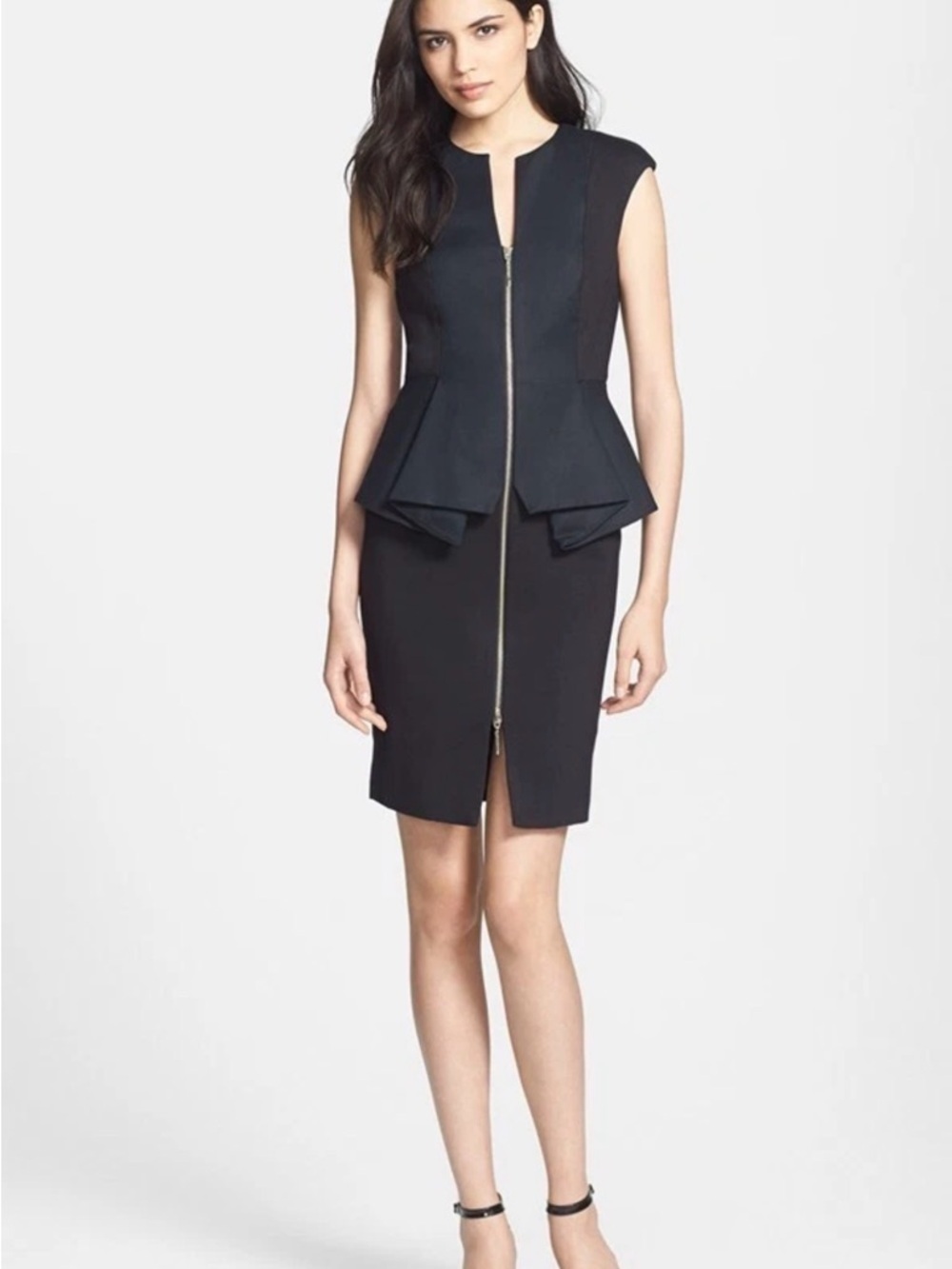 Ted Baker Kwyli Sculptural Peplum Zip Front Midi Dress Black Size 1 / US 4 LBD - Picture 1 of 12